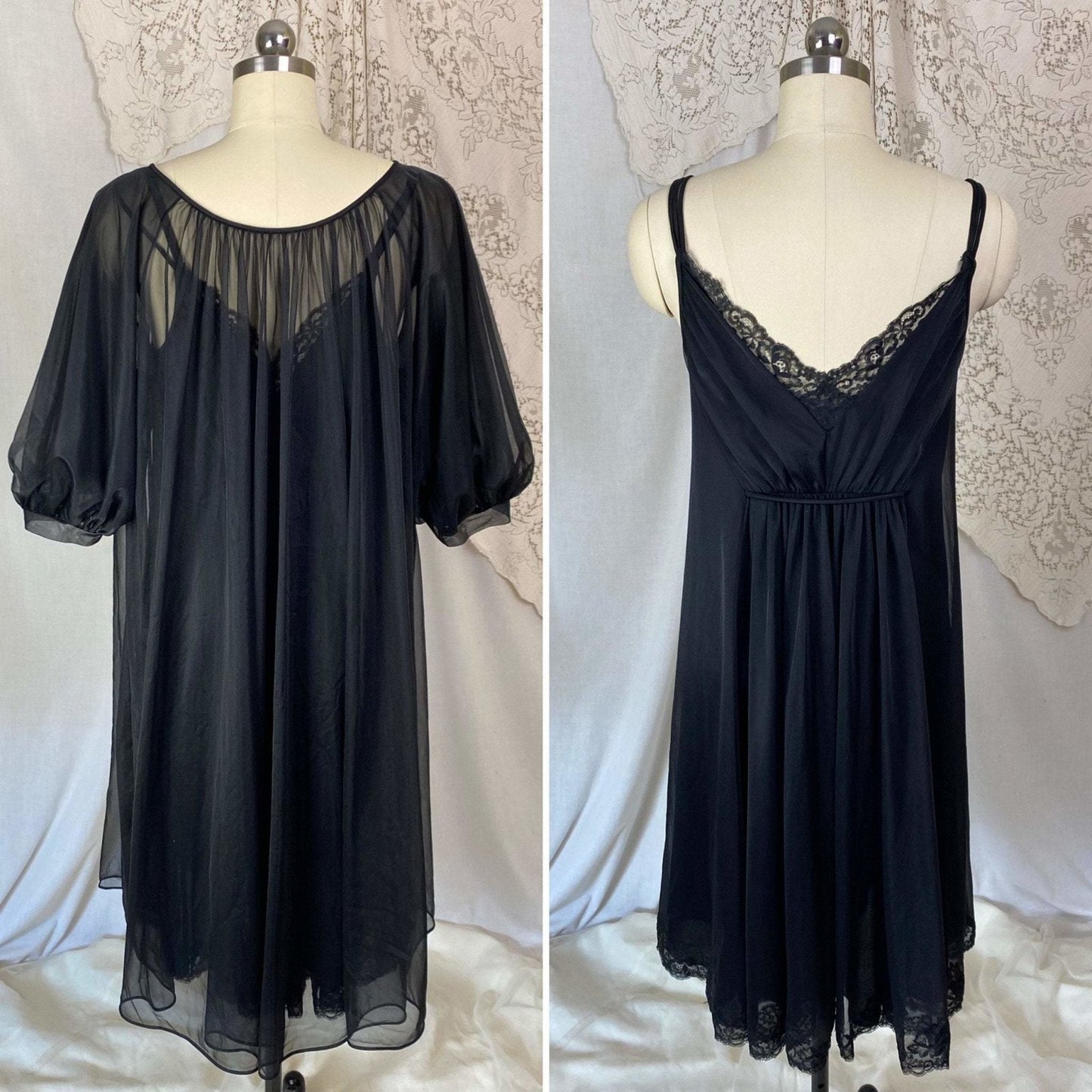 Vintage 1960's Nightgown & Peignoir Set | Sheer Black Nylon Chiffon with Lace | Size M, LG | Shadowline - Daggers & Dames