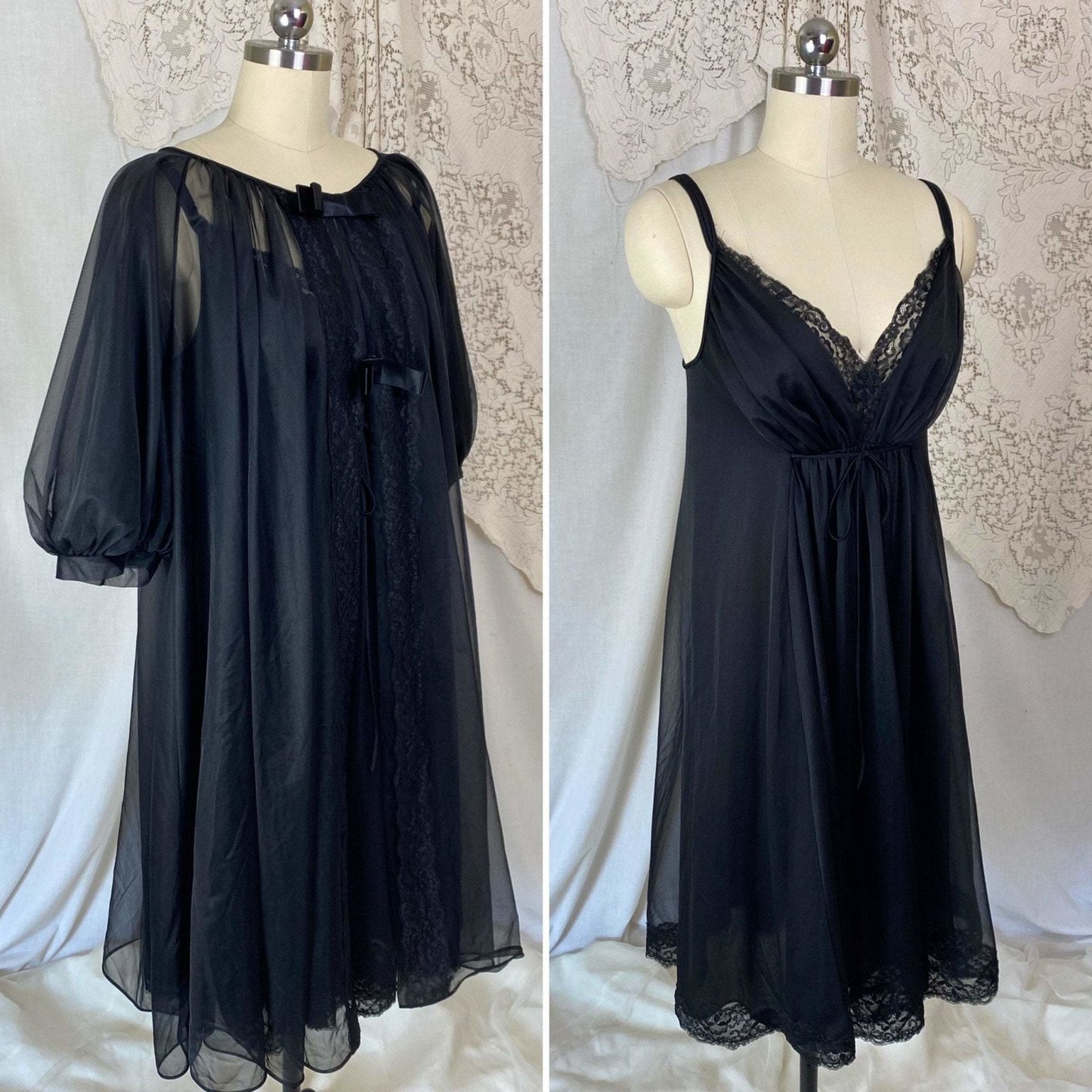 Vintage 1960's Nightgown & Peignoir Set | Sheer Black Nylon Chiffon with Lace | Size M, LG | Shadowline - Daggers & Dames