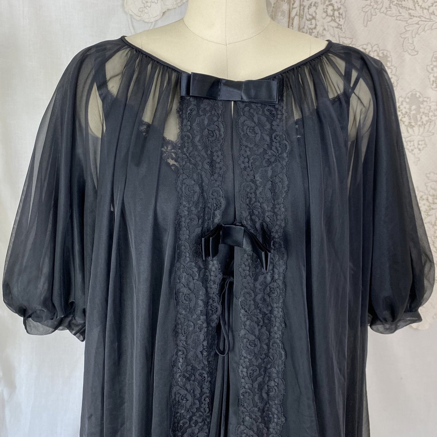 Vintage 1960's Nightgown & Peignoir Set | Sheer Black Nylon Chiffon with Lace | Size M, LG | Shadowline - Daggers & Dames
