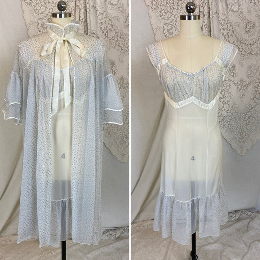 Vintage 1960's Nightgown & Peignoir Set | White Nylon Chiffon with Cornflower Blue Swiss Dots | Size S, M | Beverly Vogue California - Daggers & Dames