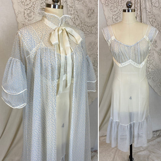 Vintage 1960's Nightgown & Peignoir Set | White Nylon Chiffon with Cornflower Blue Swiss Dots | Size S, M | Beverly Vogue California - Daggers & Dames