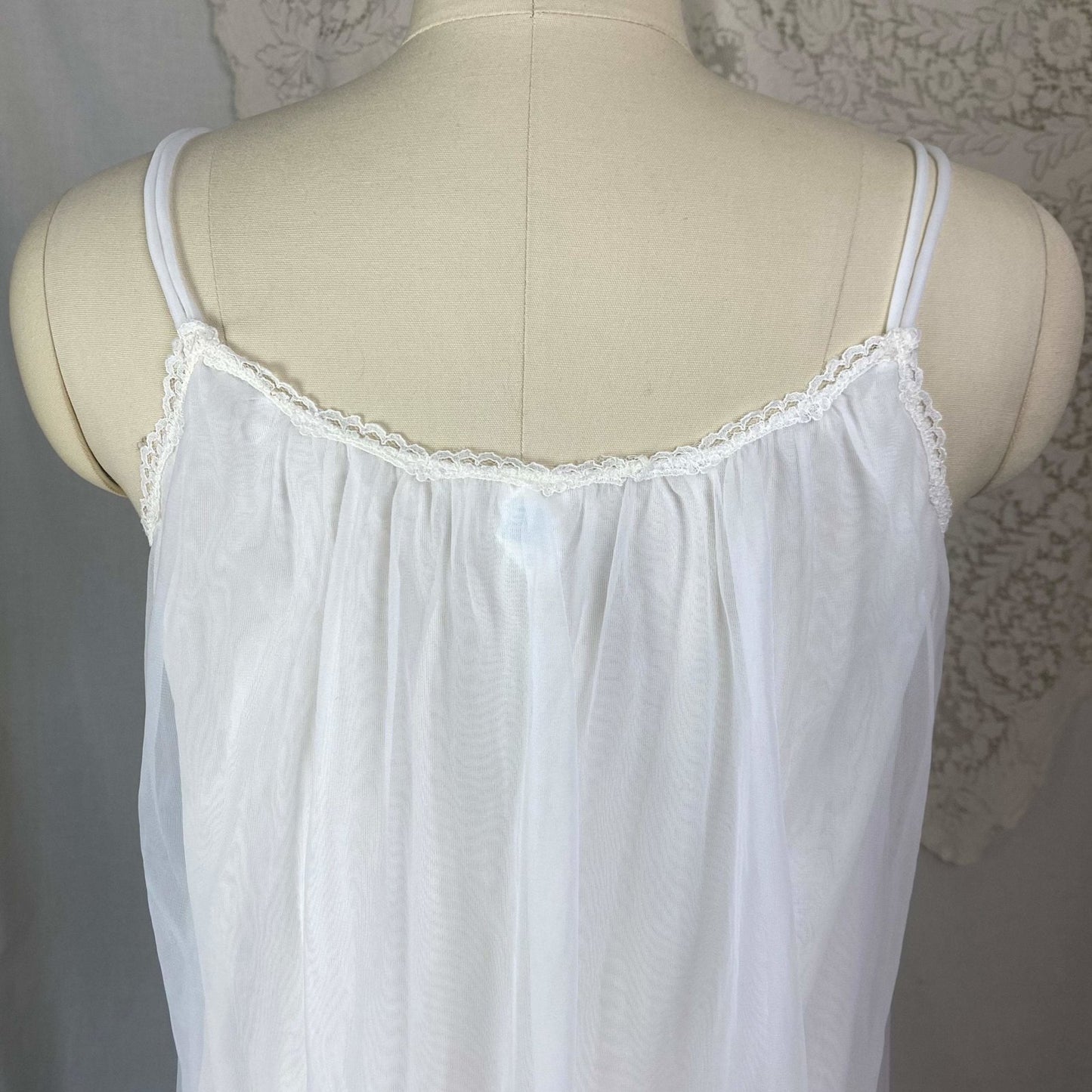 Vintage 1960's Nightgown | Sheer White Nylon Chiffon with Blue Ribbon Rosettes | Size XS, S | Radcliffe - Daggers & Dames