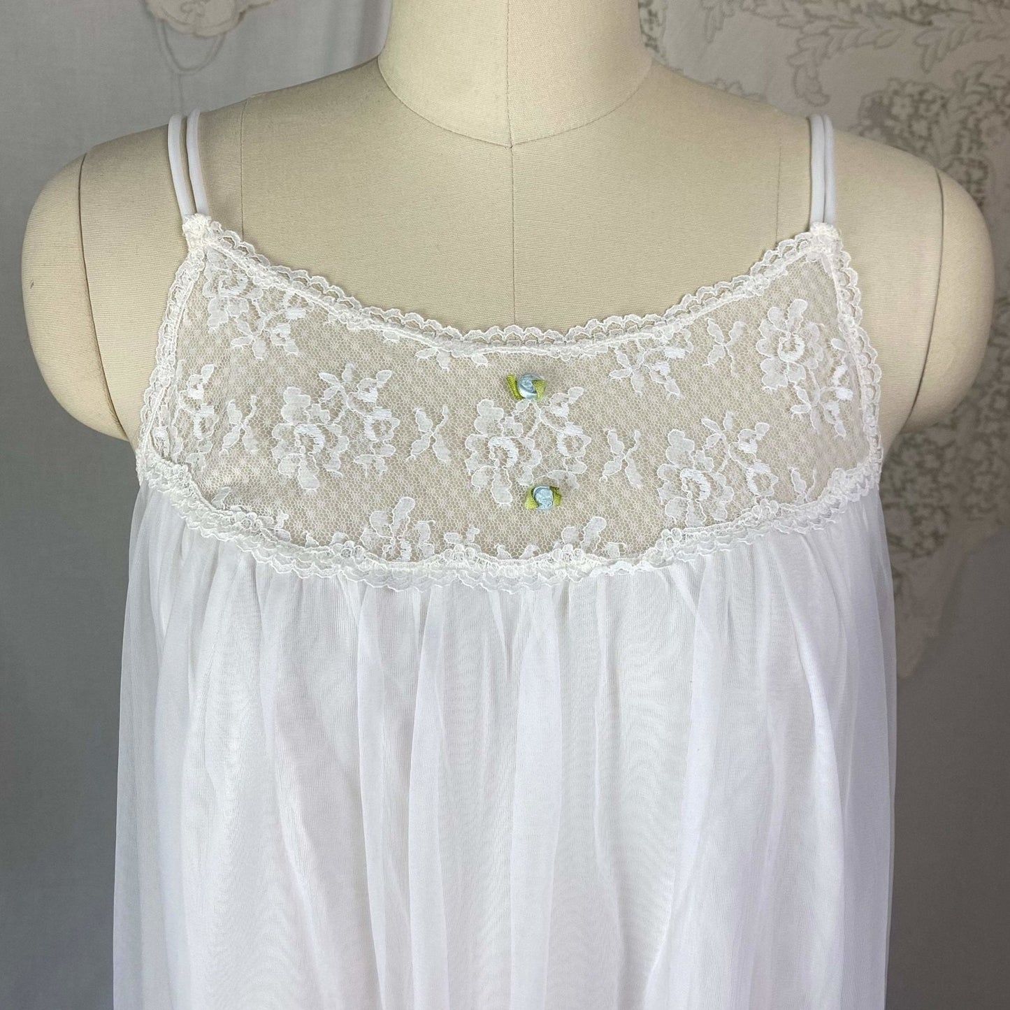 Vintage 1960's Nightgown | Sheer White Nylon Chiffon with Blue Ribbon Rosettes | Size XS, S | Radcliffe - Daggers & Dames