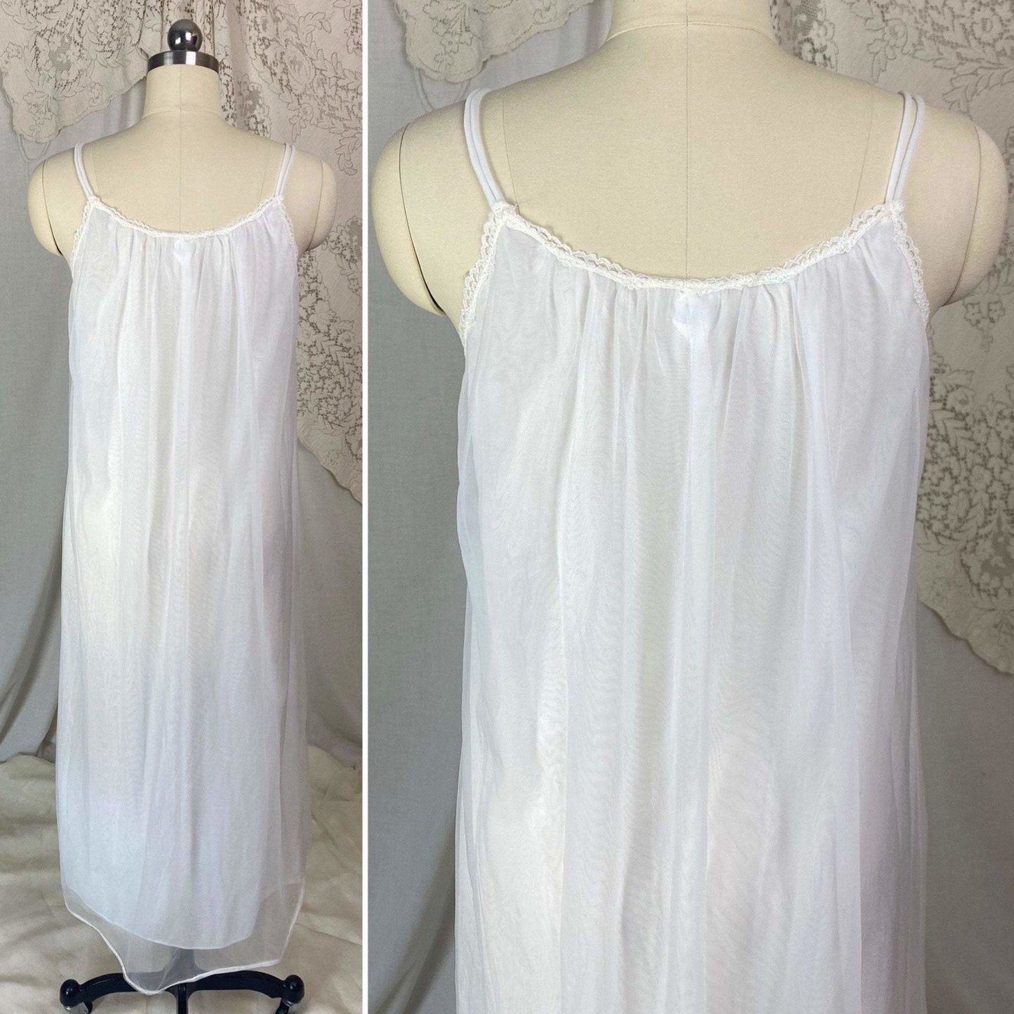 Vintage 1960's Nightgown | Sheer White Nylon Chiffon with Blue Ribbon Rosettes | Size XS, S | Radcliffe - Daggers & Dames