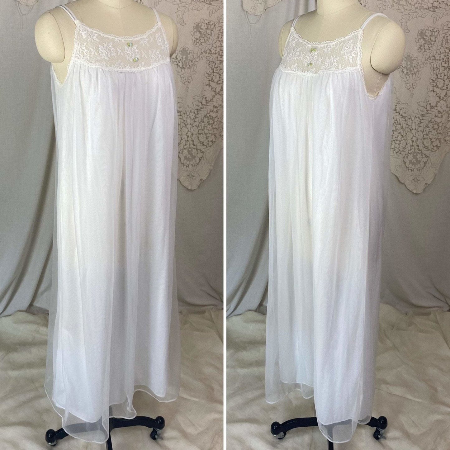 Vintage 1960's Nightgown | Sheer White Nylon Chiffon with Blue Ribbon Rosettes | Size XS, S | Radcliffe - Daggers & Dames