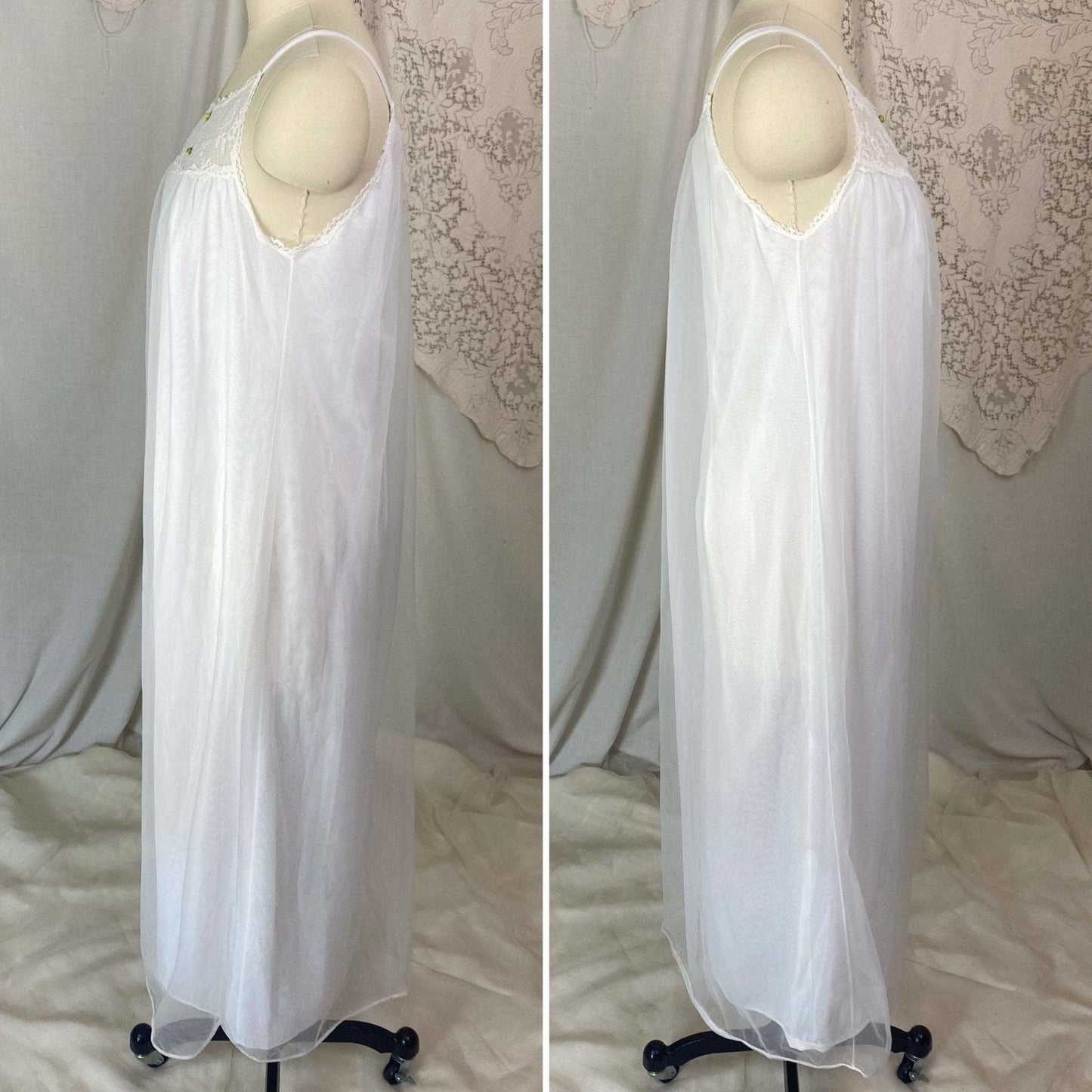 Vintage 1960's Nightgown | Sheer White Nylon Chiffon with Blue Ribbon Rosettes | Size XS, S | Radcliffe - Daggers & Dames