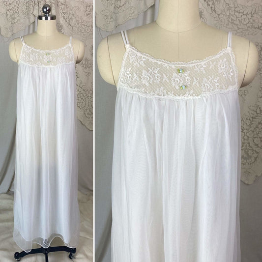 Vintage 1960's Nightgown | Sheer White Nylon Chiffon with Blue Ribbon Rosettes | Size XS, S | Radcliffe - Daggers & Dames