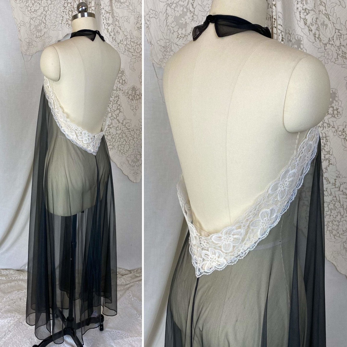 Vintage 1960's Nightgown | Very Sheer Black Nylon Chiffon with White Lace & Open Back | Size S, M, LG | Frederick's of Hollywood - Daggers & Dames