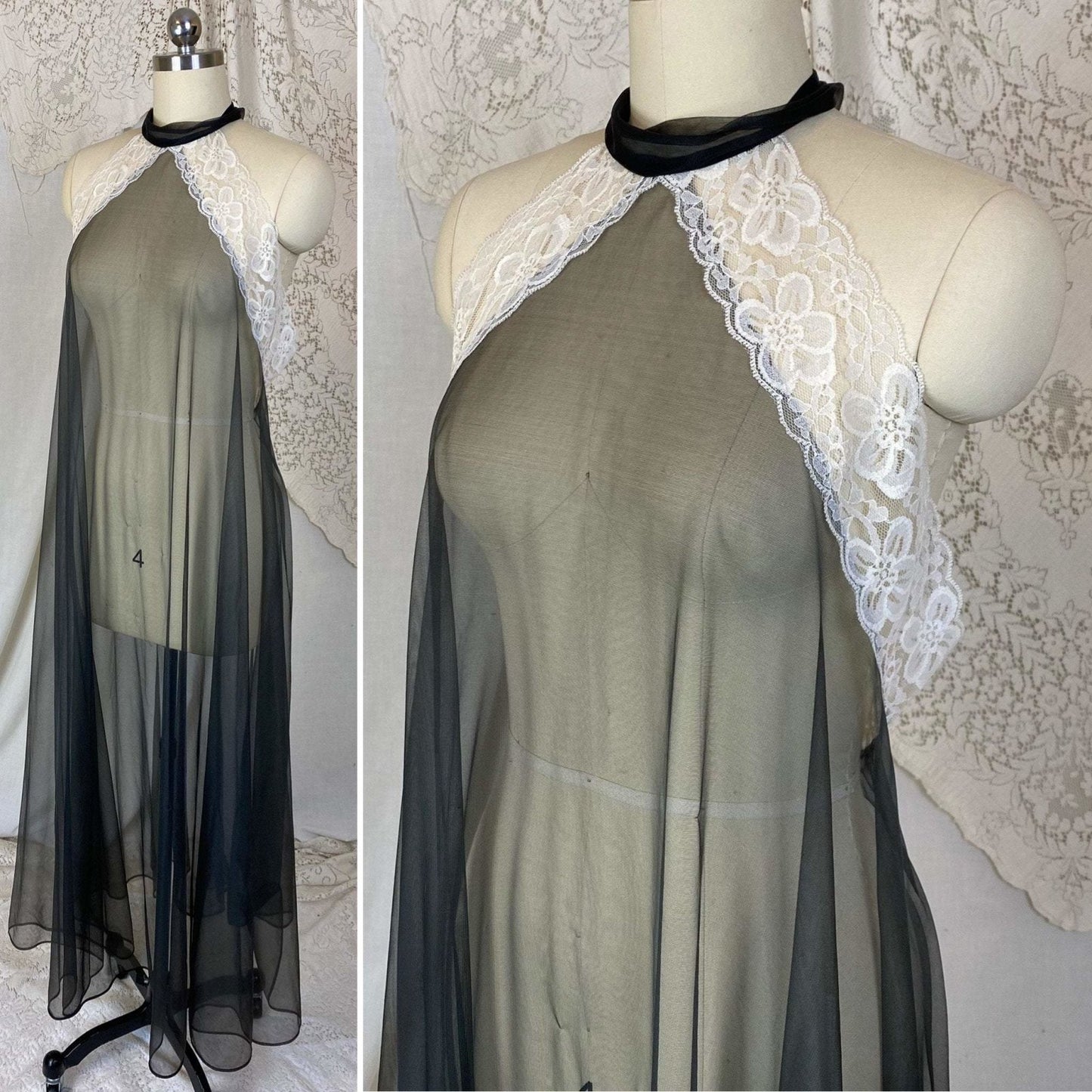 Vintage 1960's Nightgown | Very Sheer Black Nylon Chiffon with White Lace & Open Back | Size S, M, LG | Frederick's of Hollywood - Daggers & Dames