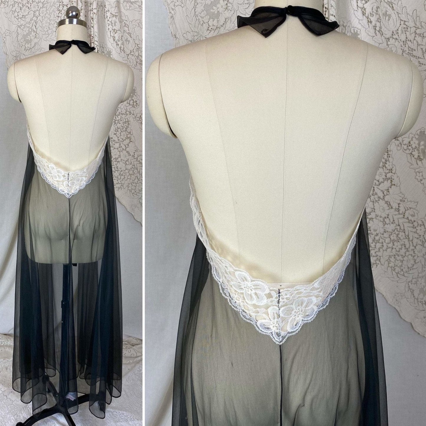 Vintage 1960's Nightgown | Very Sheer Black Nylon Chiffon with White Lace & Open Back | Size S, M, LG | Frederick's of Hollywood - Daggers & Dames