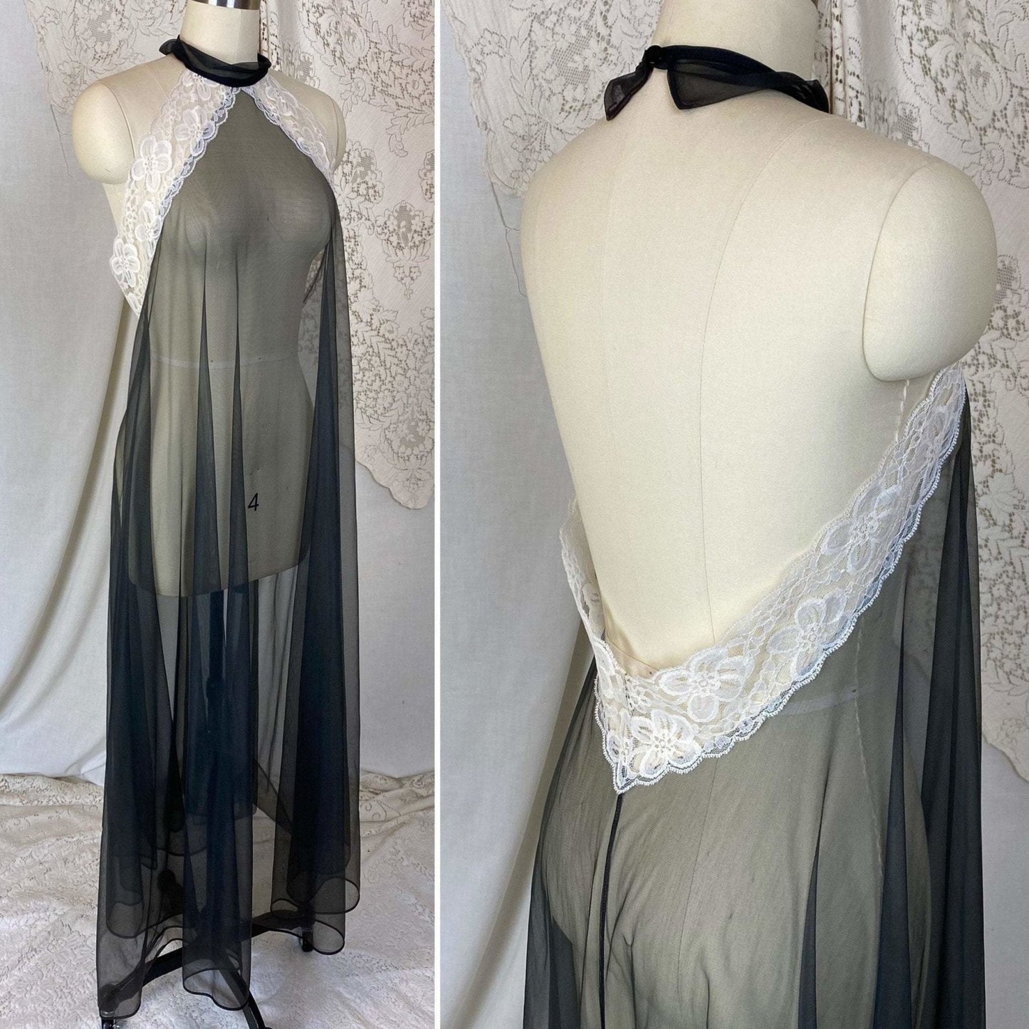 Vintage 1960's Nightgown | Very Sheer Black Nylon Chiffon with White Lace & Open Back | Size S, M, LG | Frederick's of Hollywood - Daggers & Dames