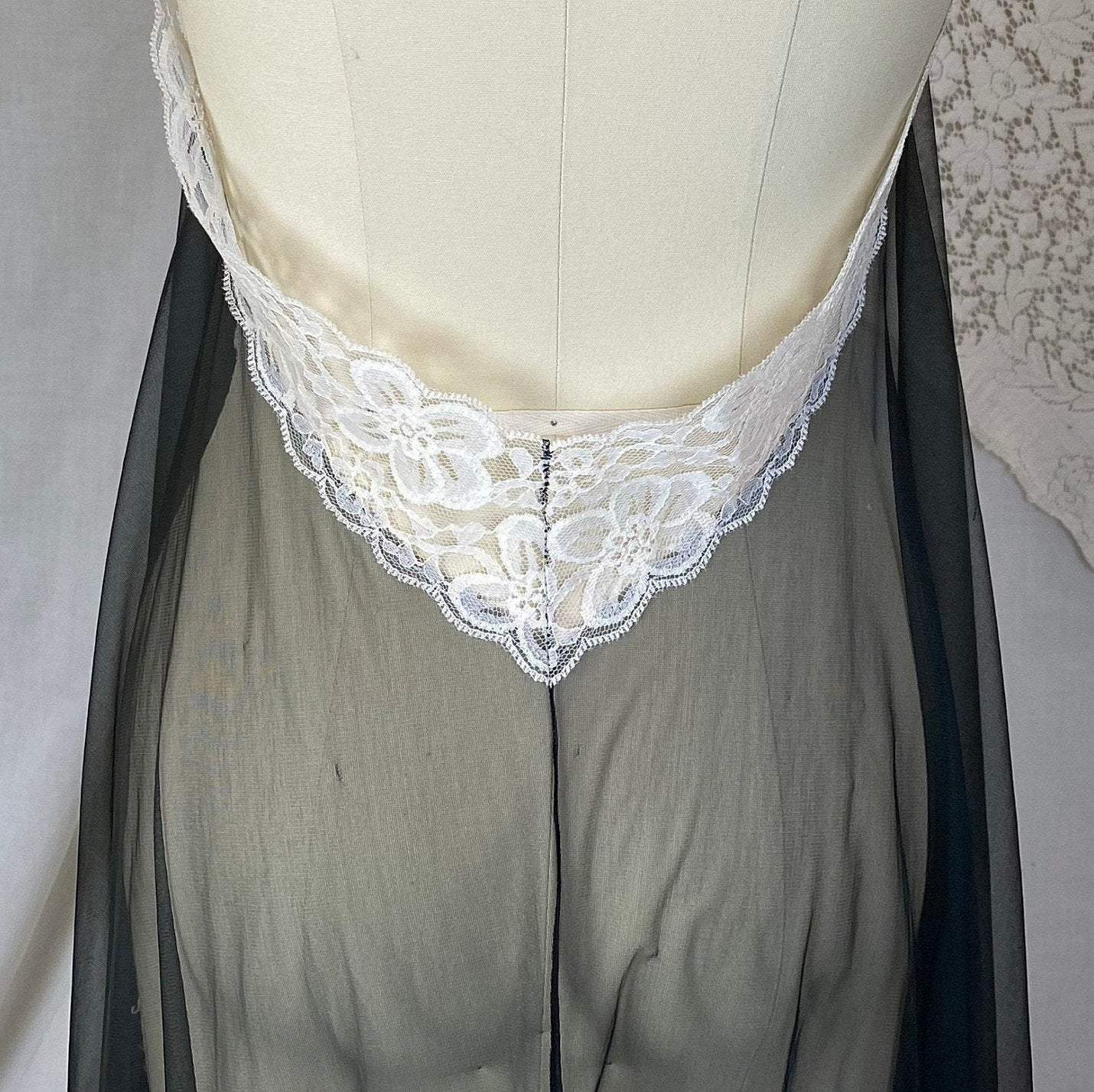 Vintage 1960's Nightgown | Very Sheer Black Nylon Chiffon with White Lace & Open Back | Size S, M, LG | Frederick's of Hollywood - Daggers & Dames