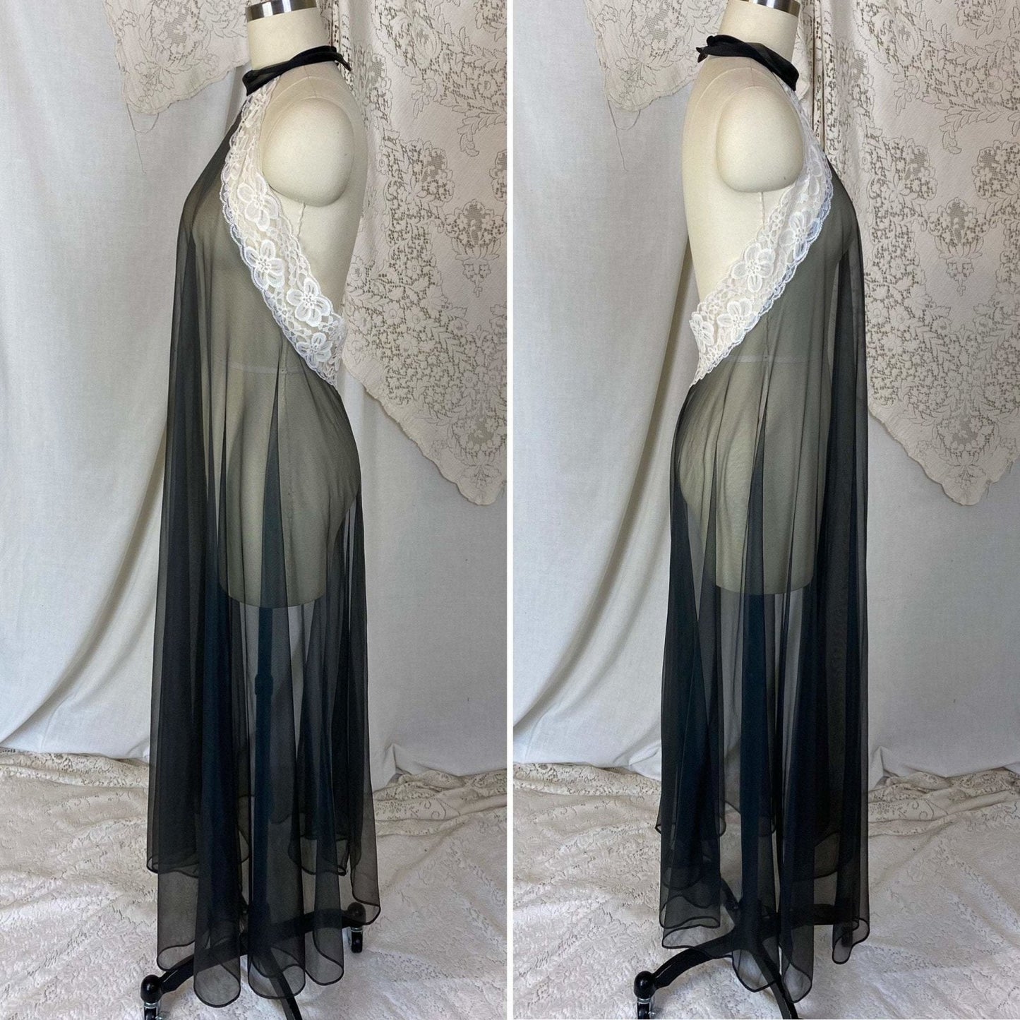 Vintage 1960's Nightgown | Very Sheer Black Nylon Chiffon with White Lace & Open Back | Size S, M, LG | Frederick's of Hollywood - Daggers & Dames