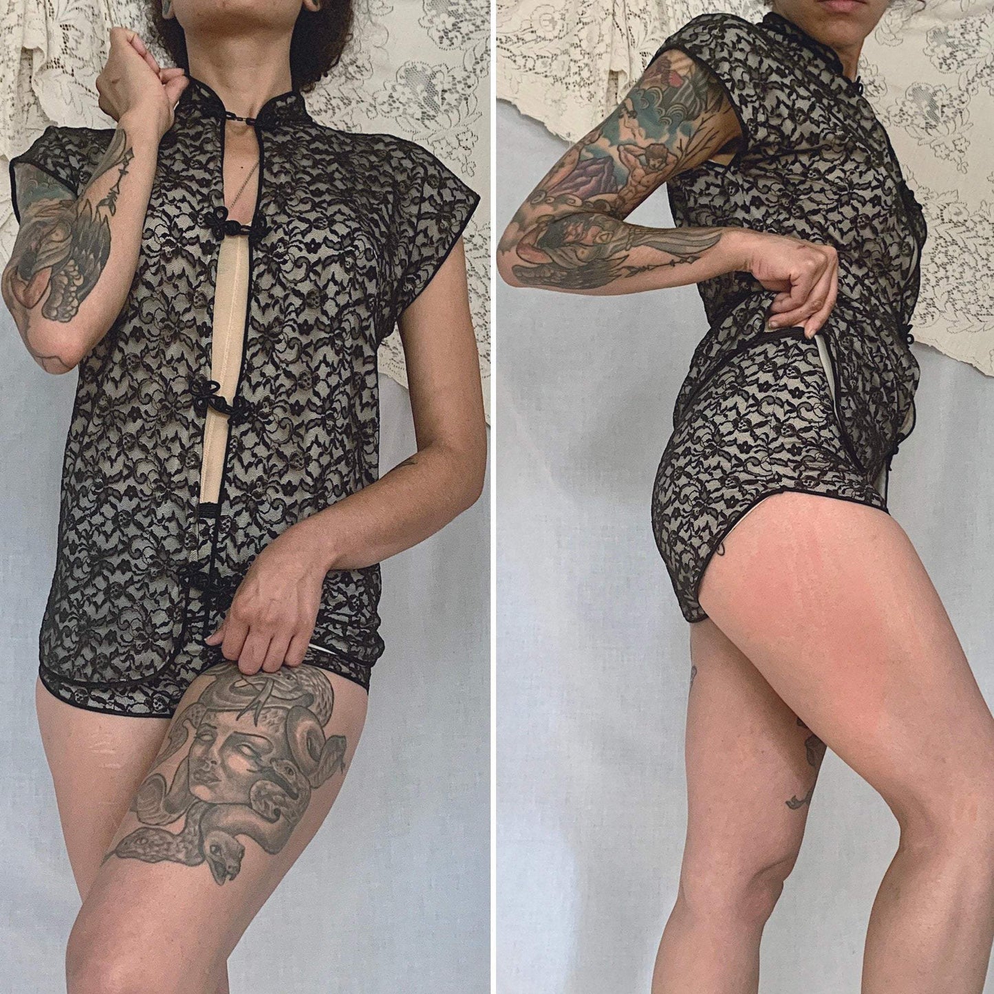 Vintage 1960's Pajama Set | Black Floral Lace over White Nylon with Frog Buttons | Size S | Glydon's of Hollywood - Daggers & Dames