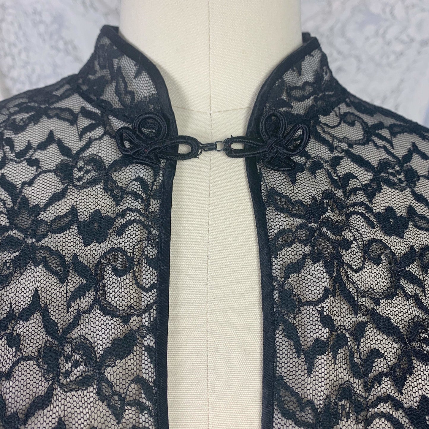 Vintage 1960's Pajama Set | Black Floral Lace over White Nylon with Frog Buttons | Size S | Glydon's of Hollywood - Daggers & Dames