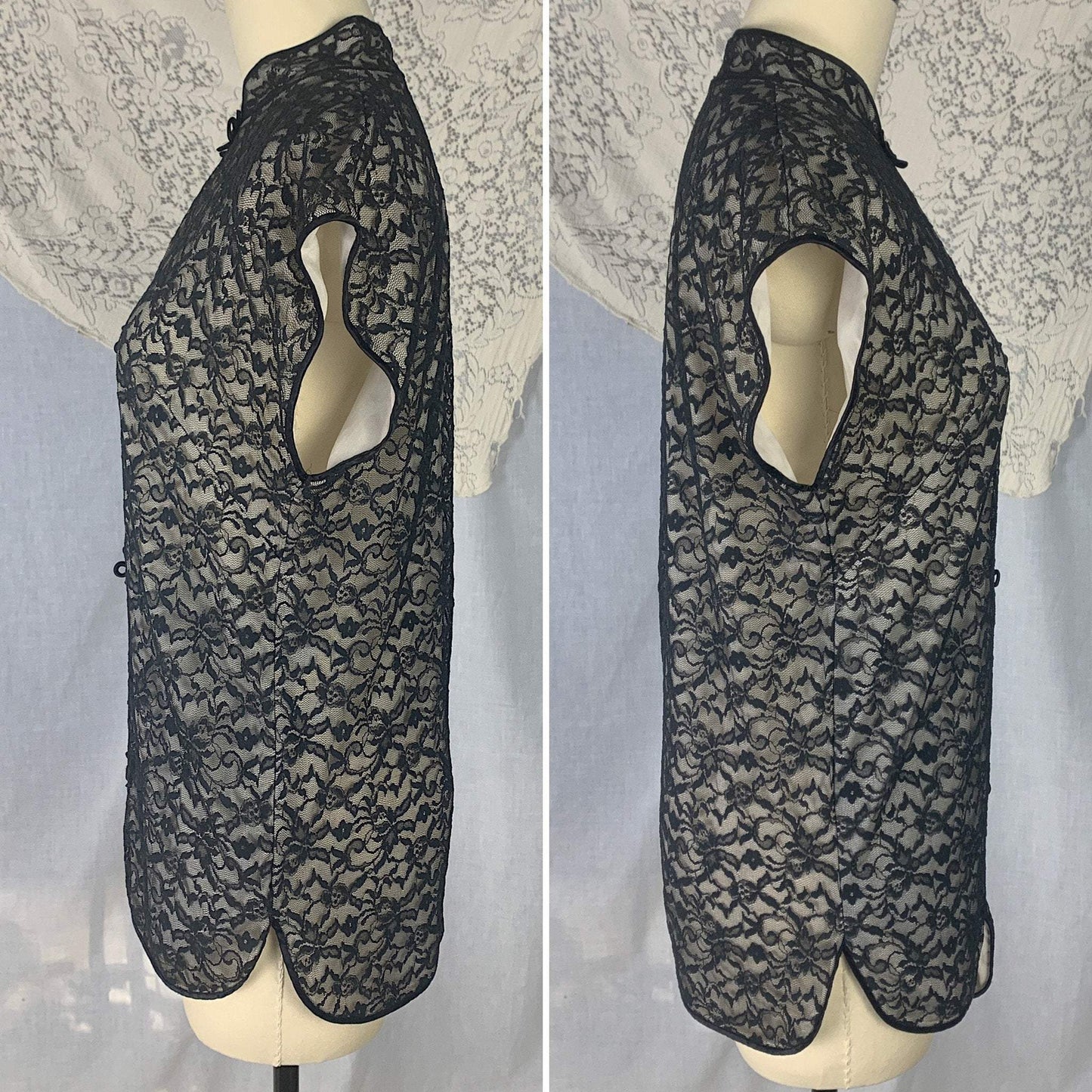 Vintage 1960's Pajama Set | Black Floral Lace over White Nylon with Frog Buttons | Size S | Glydon's of Hollywood - Daggers & Dames