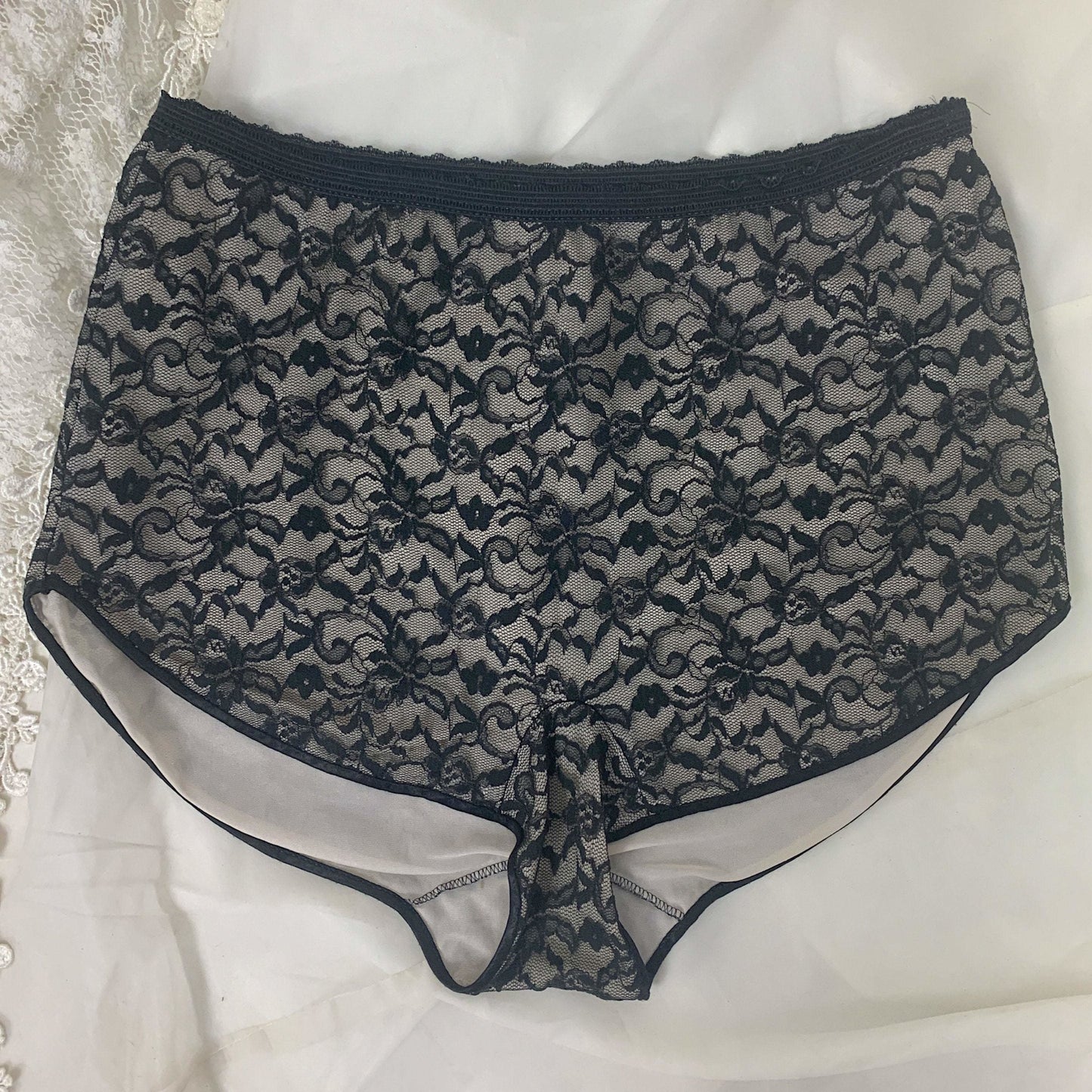 Vintage 1960's Pajama Set | Black Floral Lace over White Nylon with Frog Buttons | Size S | Glydon's of Hollywood - Daggers & Dames