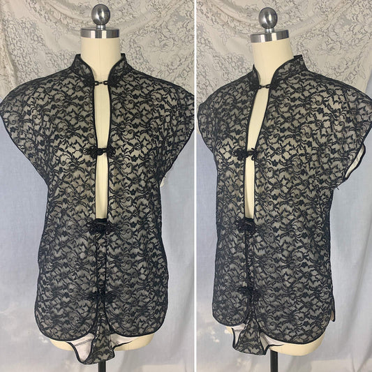Vintage 1960's Pajama Set | Black Floral Lace over White Nylon with Frog Buttons | Size S | Glydon's of Hollywood - Daggers & Dames