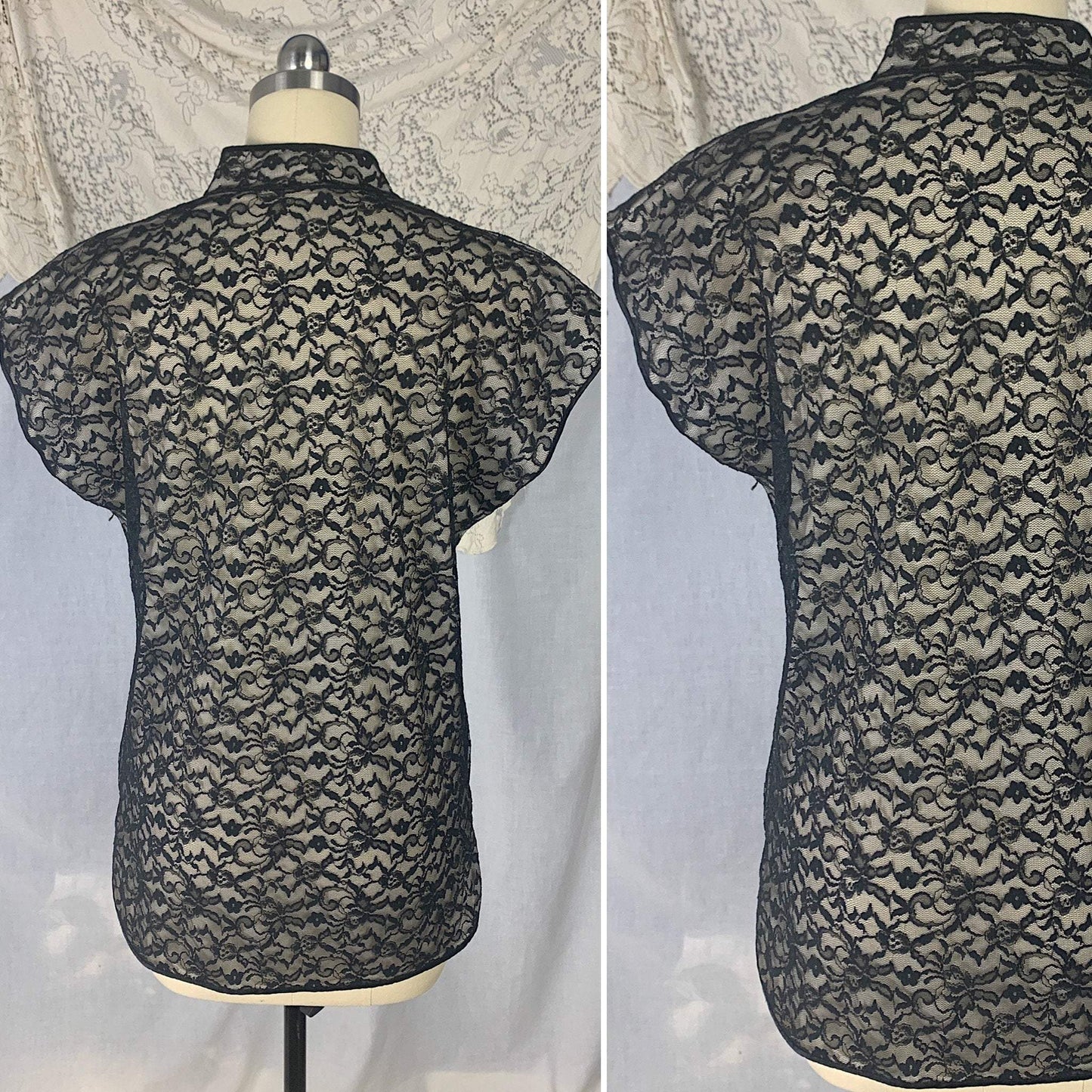 Vintage 1960's Pajama Set | Black Floral Lace over White Nylon with Frog Buttons | Size S | Glydon's of Hollywood - Daggers & Dames