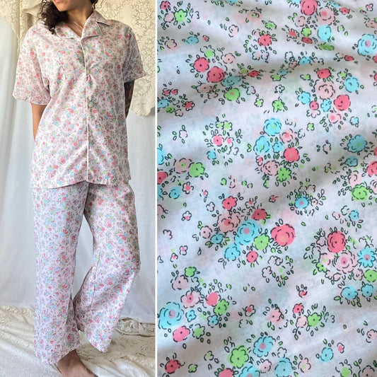 Vintage 1960's Pajama Set | Pale Petal Pink Cotton with Watercolor Floral Print | Size M, LG | Tommies - Daggers & Dames