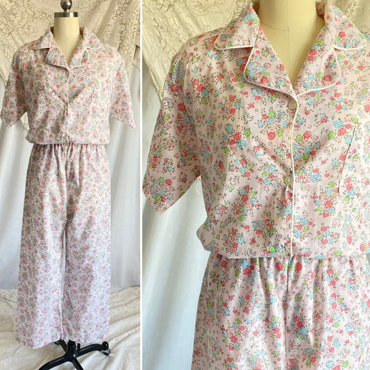 Vintage 1960's Pajama Set | Pale Petal Pink Cotton with Watercolor Floral Print | Size M, LG | Tommies - Daggers & Dames