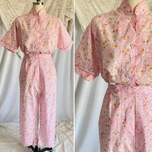 Vintage 1960's Pajama Set | Unworn Bright Floral Print Cotton with Mandarin Collar | Size M, LG | Lady No Belt, Formfit Rogers - Daggers & Dames