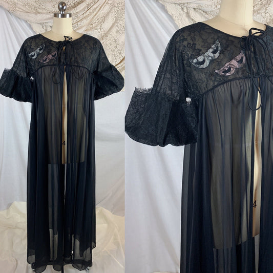 Vintage 1960's Peignoir Robe | Sheer Black Nylon with Floral Lace Puffed Sleeves & Masquerade Mask Applique | Eye Ful by the Flaums | Size M - Daggers & Dames
