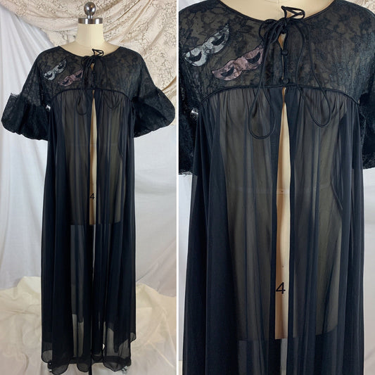 Vintage 1960's Peignoir Robe | Sheer Black Nylon with Floral Lace Puffed Sleeves & Masquerade Mask Applique | Eye Ful by the Flaums | Size M - Daggers & Dames