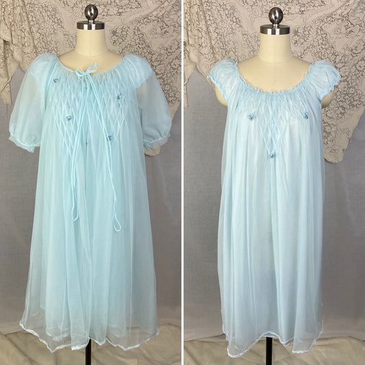 Vintage 1960's Peignoir Set | Baby Sky Blue Nylon Chiffon with Honeycomb Smocking & Rosettes | Size M/LG | Charmode - Daggers & Dames