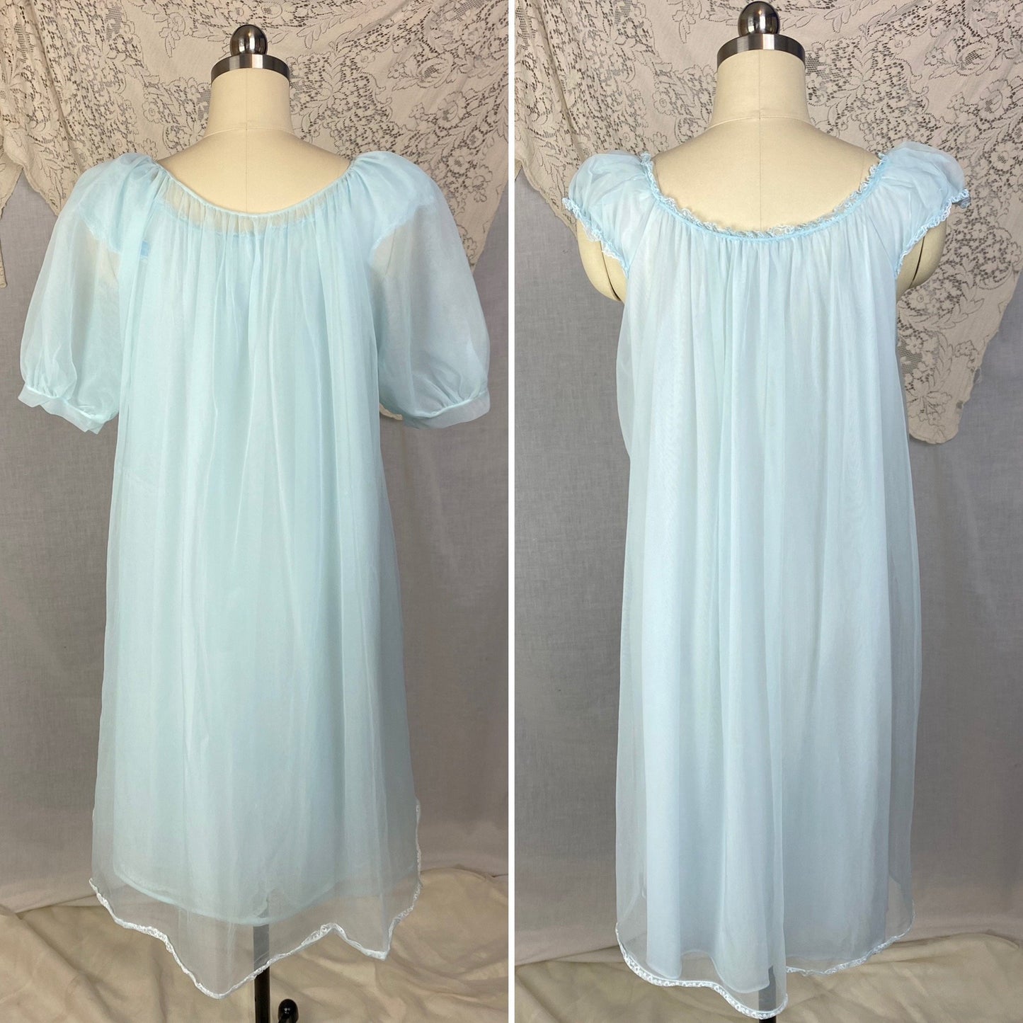 Vintage 1960's Peignoir Set | Baby Sky Blue Nylon Chiffon with Honeycomb Smocking & Rosettes | Size M/LG | Charmode - Daggers & Dames