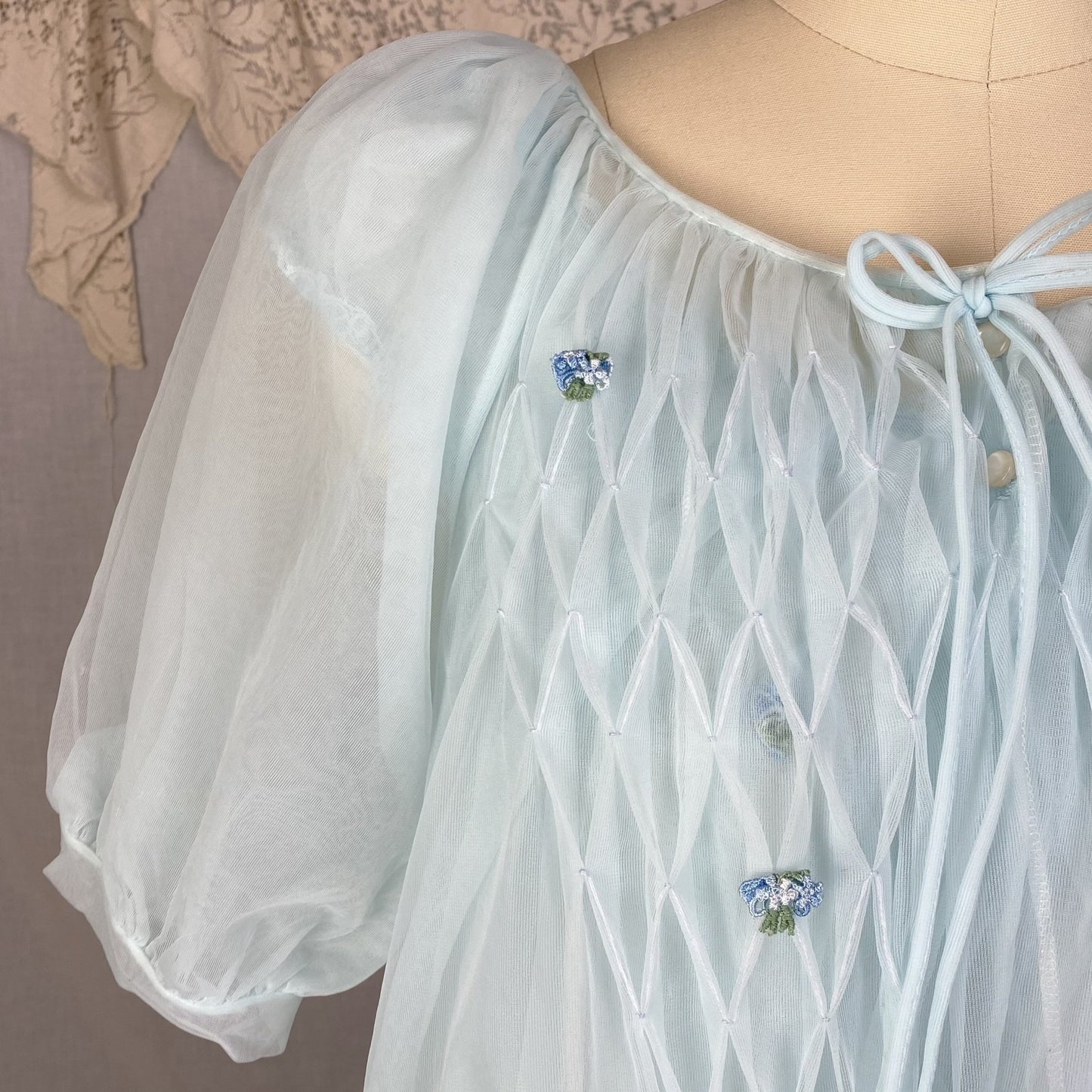 Vintage 1960's Peignoir Set | Baby Sky Blue Nylon Chiffon with Honeycomb Smocking & Rosettes | Size M/LG | Charmode - Daggers & Dames
