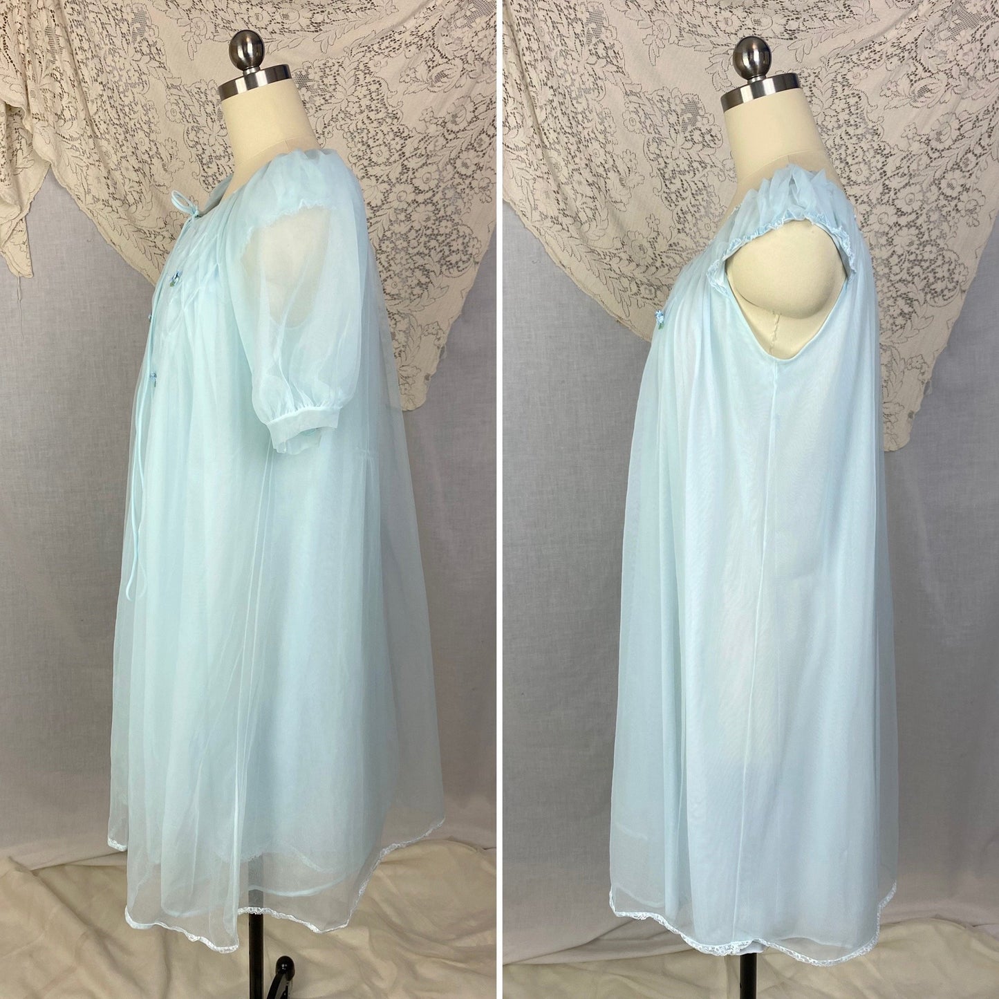 Vintage 1960's Peignoir Set | Baby Sky Blue Nylon Chiffon with Honeycomb Smocking & Rosettes | Size M/LG | Charmode - Daggers & Dames