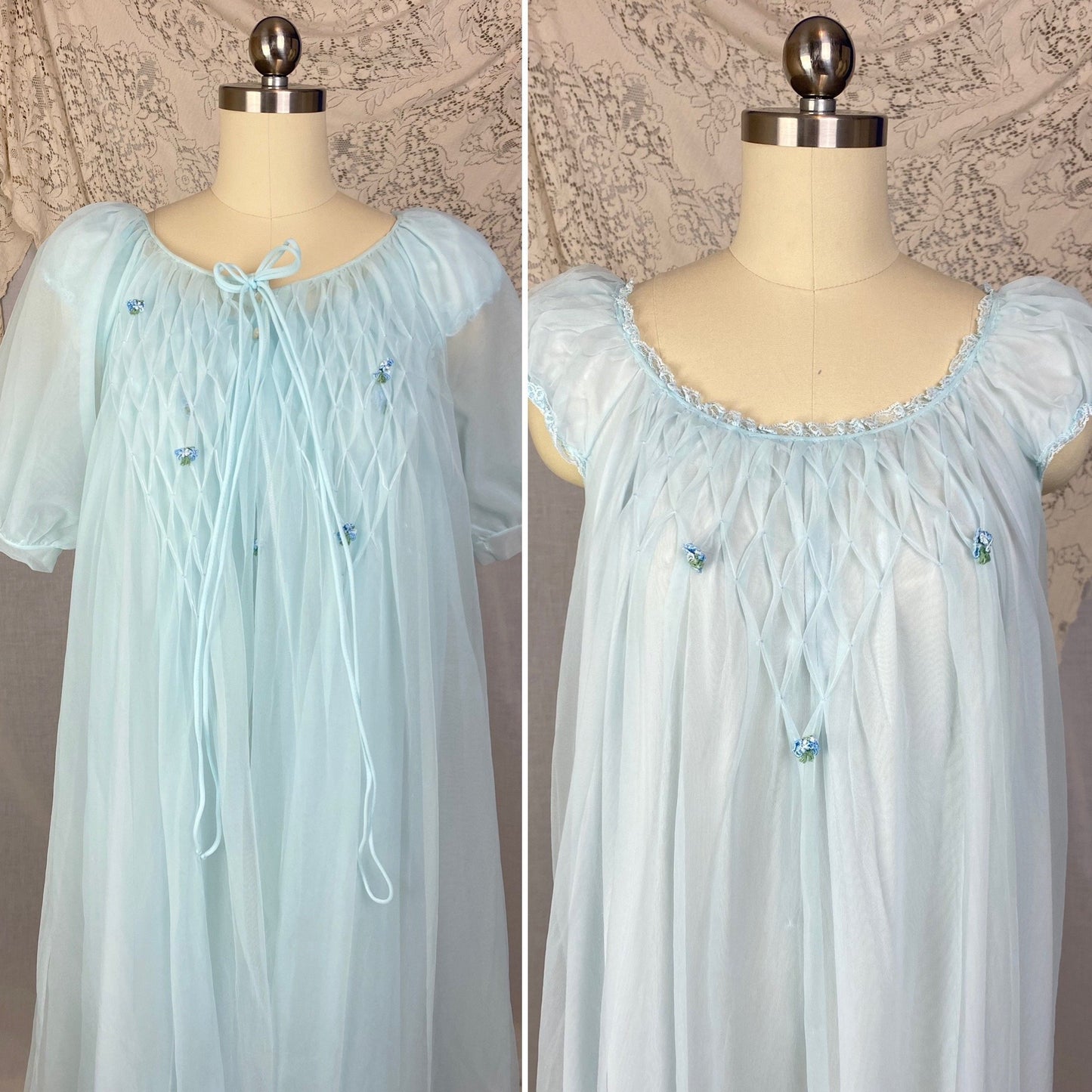 Vintage 1960's Peignoir Set | Baby Sky Blue Nylon Chiffon with Honeycomb Smocking & Rosettes | Size M/LG | Charmode - Daggers & Dames