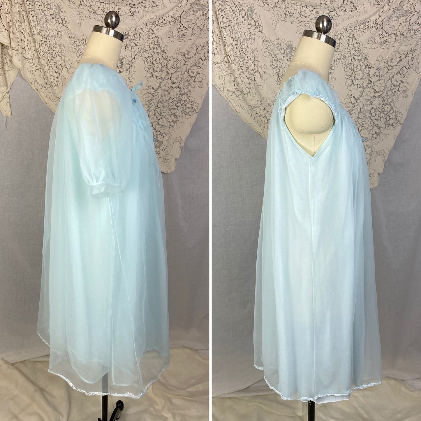 Vintage 1960's Peignoir Set | Baby Sky Blue Nylon Chiffon with Honeycomb Smocking & Rosettes | Size M/LG | Charmode - Daggers & Dames