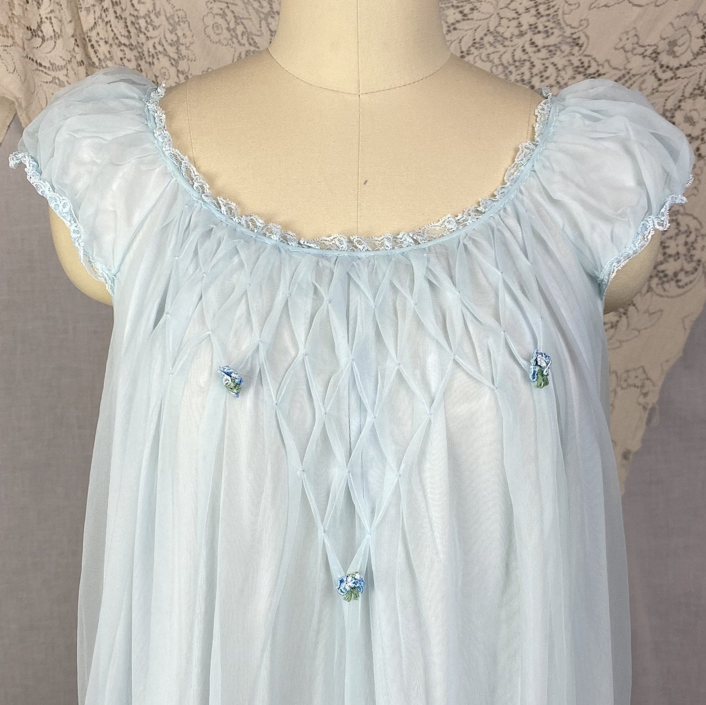 Vintage 1960's Peignoir Set | Baby Sky Blue Nylon Chiffon with Honeycomb Smocking & Rosettes | Size M/LG | Charmode - Daggers & Dames