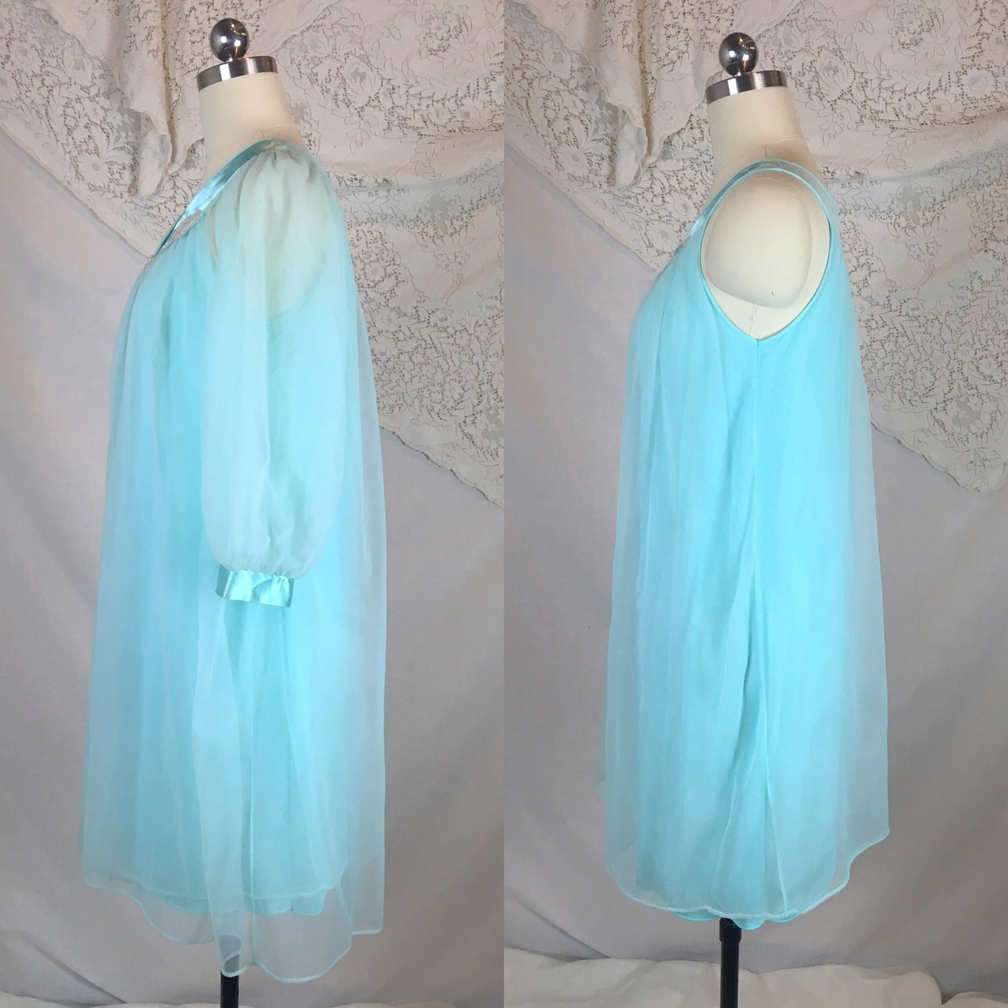 Vintage 1960's Peignoir Set | Bright Sky Blue Nylon Chiffon with Satin & Lace Appliqué | Sears | Size XS, SM - Daggers & Dames