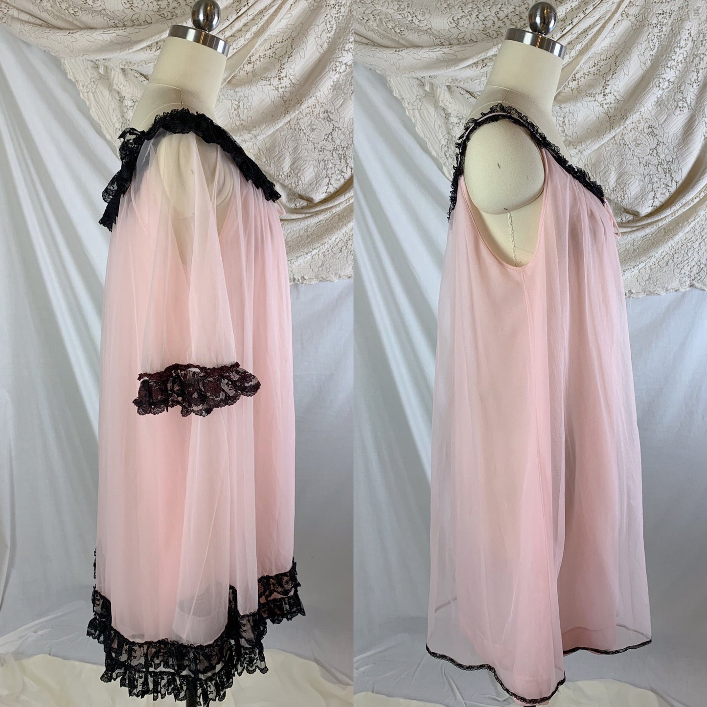 Vintage 1960's Peignoir Set | Bubblegum Pink Nylon Chiffon with Black Ruffled Lace | Size M, LG, XL - Daggers & Dames