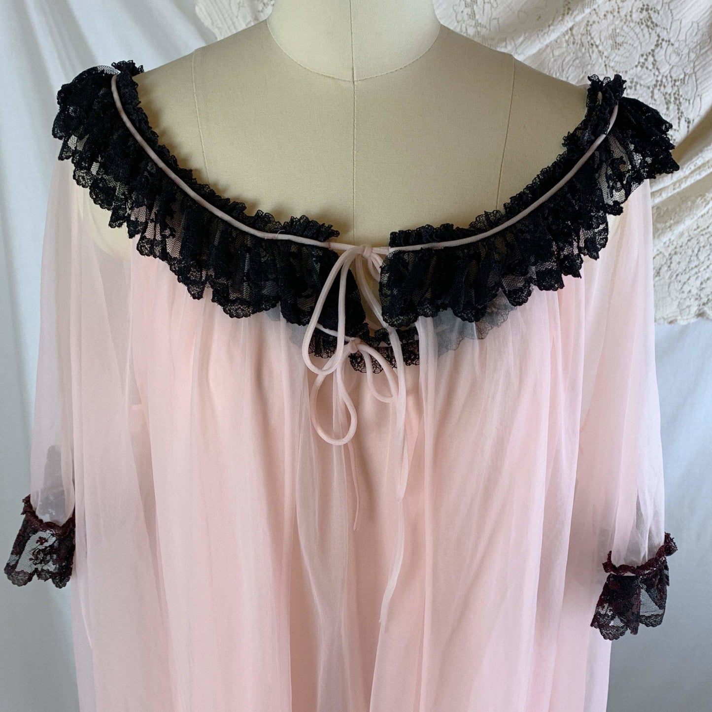 Vintage 1960's Peignoir Set | Bubblegum Pink Nylon Chiffon with Black Ruffled Lace | Size M, LG, XL - Daggers & Dames