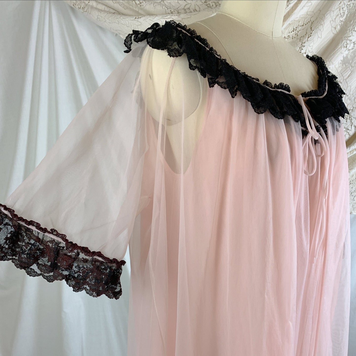 Vintage 1960's Peignoir Set | Bubblegum Pink Nylon Chiffon with Black Ruffled Lace | Size M, LG, XL - Daggers & Dames