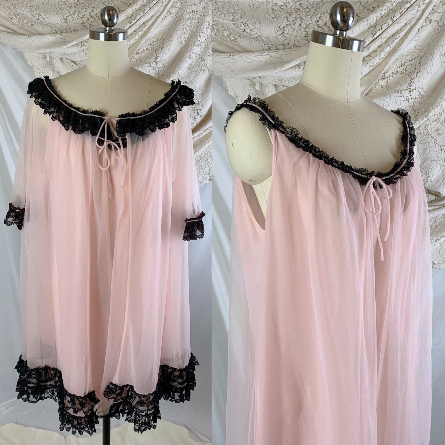 Vintage 1960's Peignoir Set | Bubblegum Pink Nylon Chiffon with Black Ruffled Lace | Size M, LG, XL - Daggers & Dames