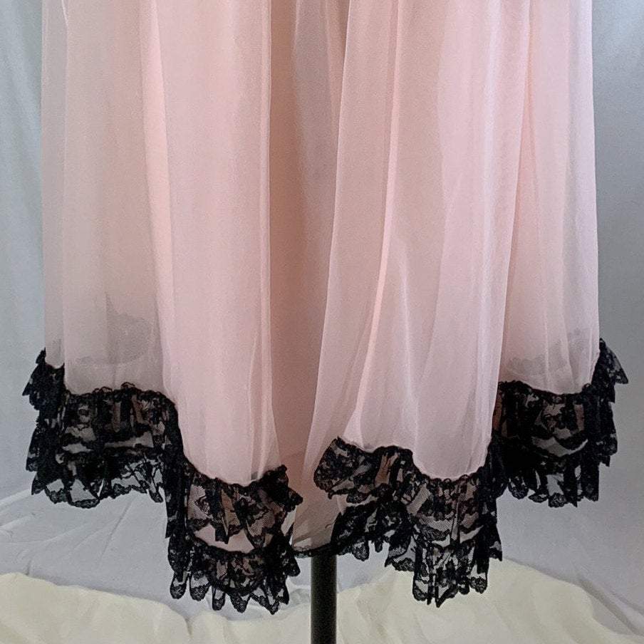 Vintage 1960's Peignoir Set | Bubblegum Pink Nylon Chiffon with Black Ruffled Lace | Size M, LG, XL - Daggers & Dames