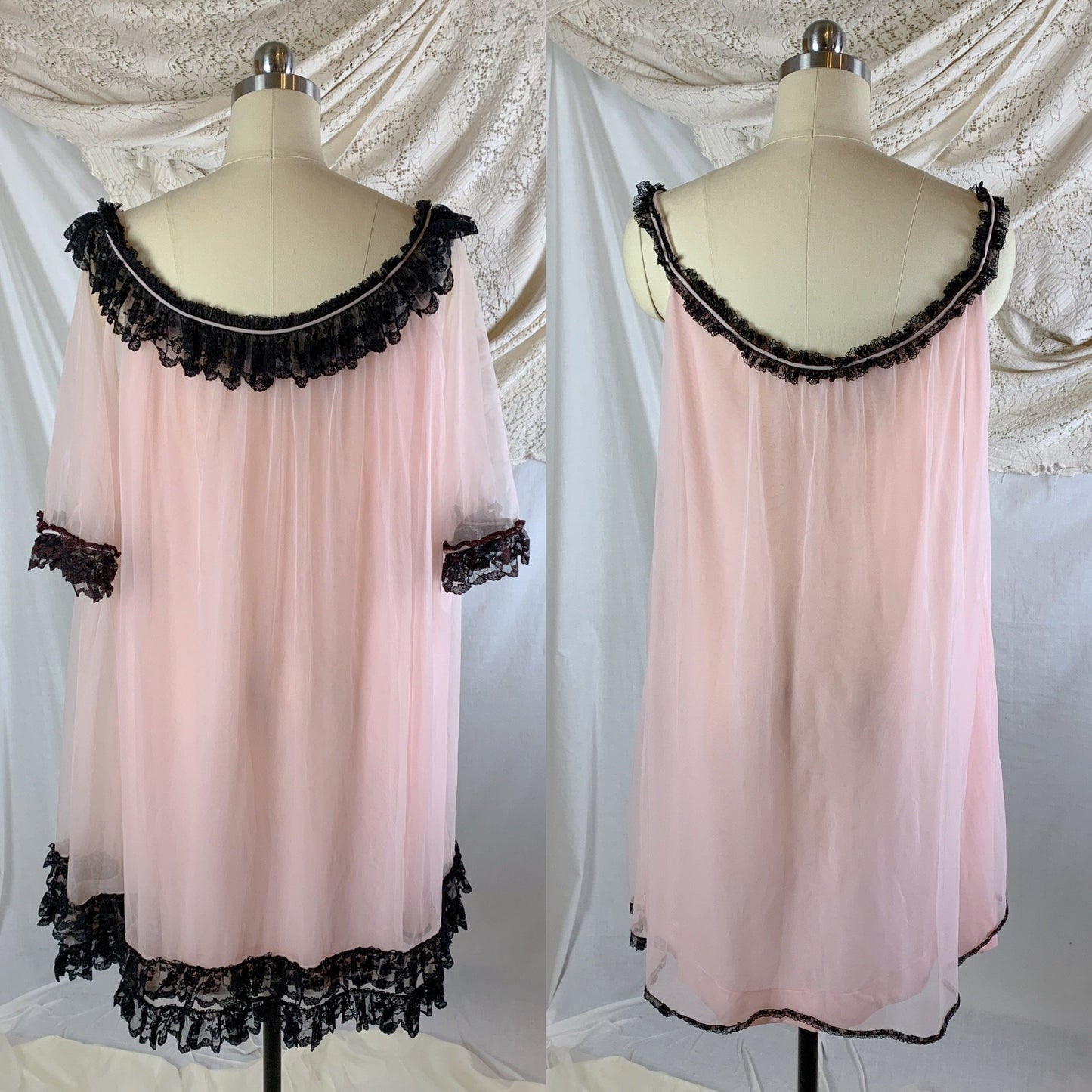 Vintage 1960's Peignoir Set | Bubblegum Pink Nylon Chiffon with Black Ruffled Lace | Size M, LG, XL - Daggers & Dames