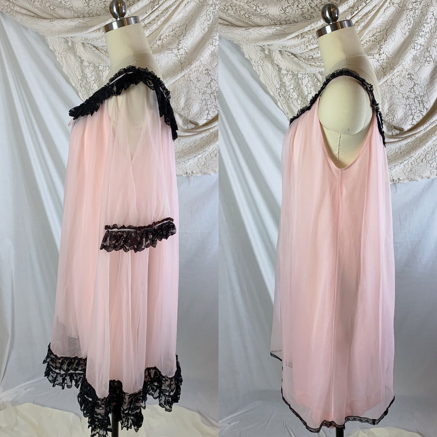 Vintage 1960's Peignoir Set | Bubblegum Pink Nylon Chiffon with Black Ruffled Lace | Size M, LG, XL - Daggers & Dames
