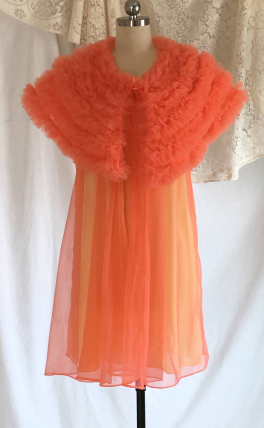 Vintage 1960's Peignoir Set | Orange Chiffon & Yellow Nylon with Tulle Ruffled Capelet | Babydoll Lingerie | OOAK | Lisette | Size S - Daggers & Dames