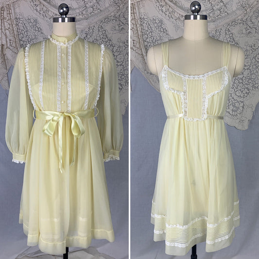 Vintage 1960's Peignoir Set | Pale Pastel Yellow Nylon Chiffon with White Ruffled Lace | Size S, Petite | Kayser - Daggers & Dames