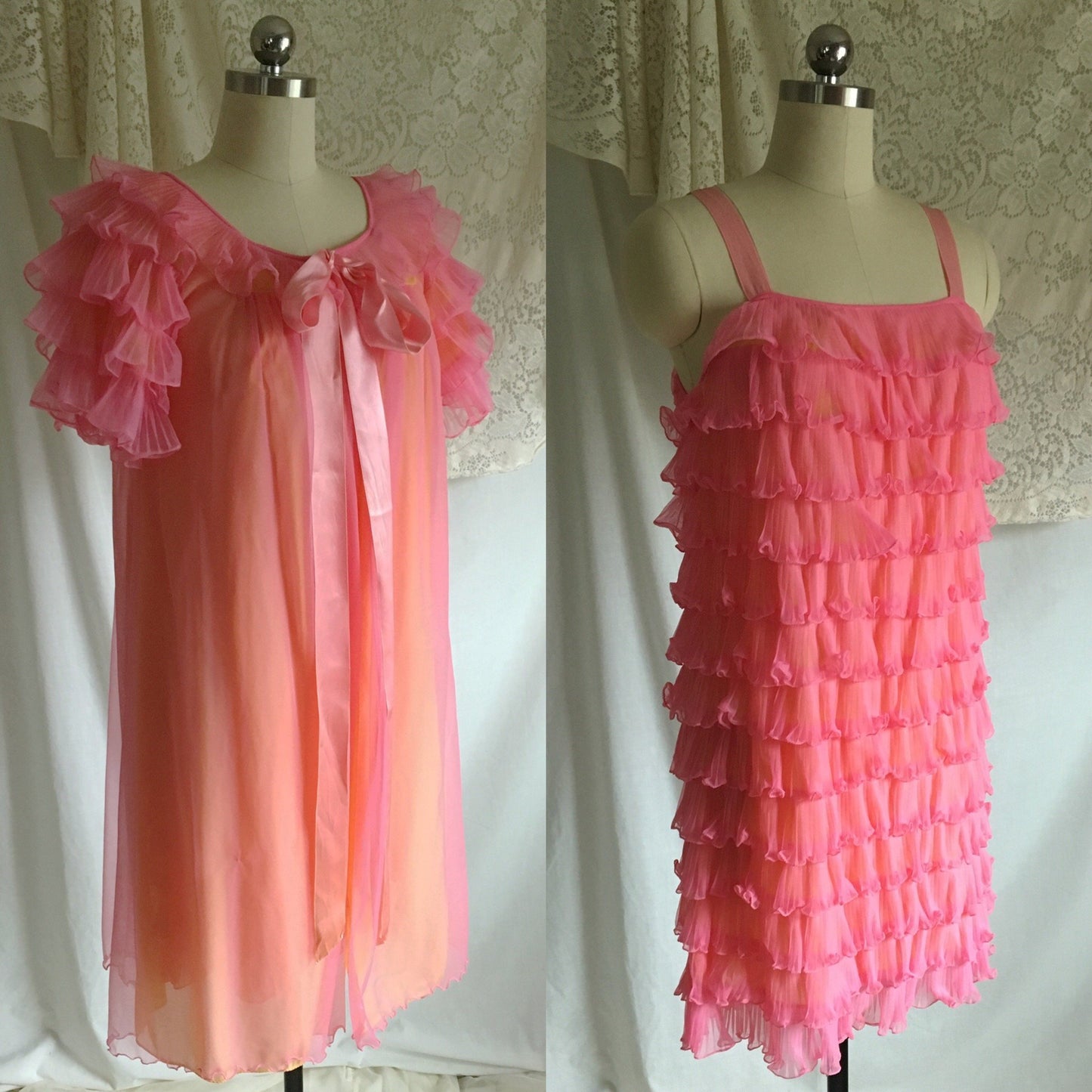 Vintage 1960's Peignoir Set | Pink Ruffled Chiffon over Yellow Nylon | Chevette | Size S, M - Daggers & Dames