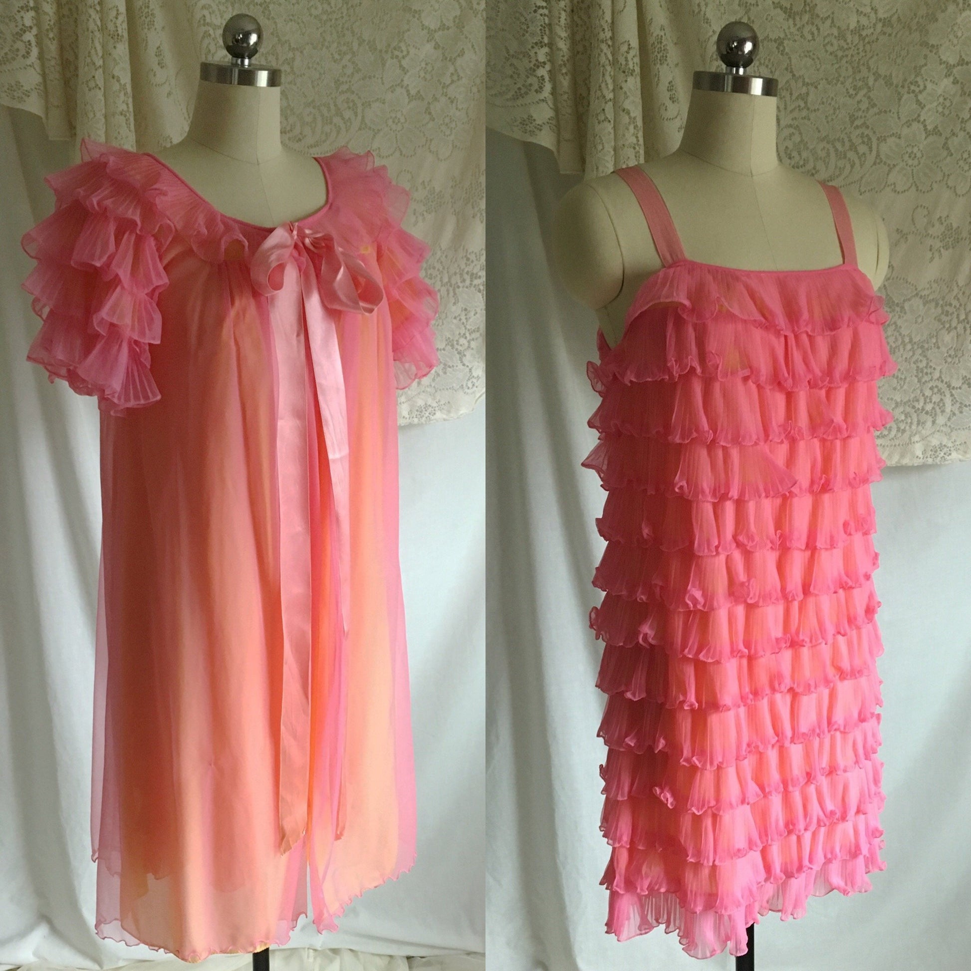 Vintage 1960's Peignoir Set | Pink Ruffled Chiffon over Yellow Nylon | Chevette | Size S, M - Daggers & Dames