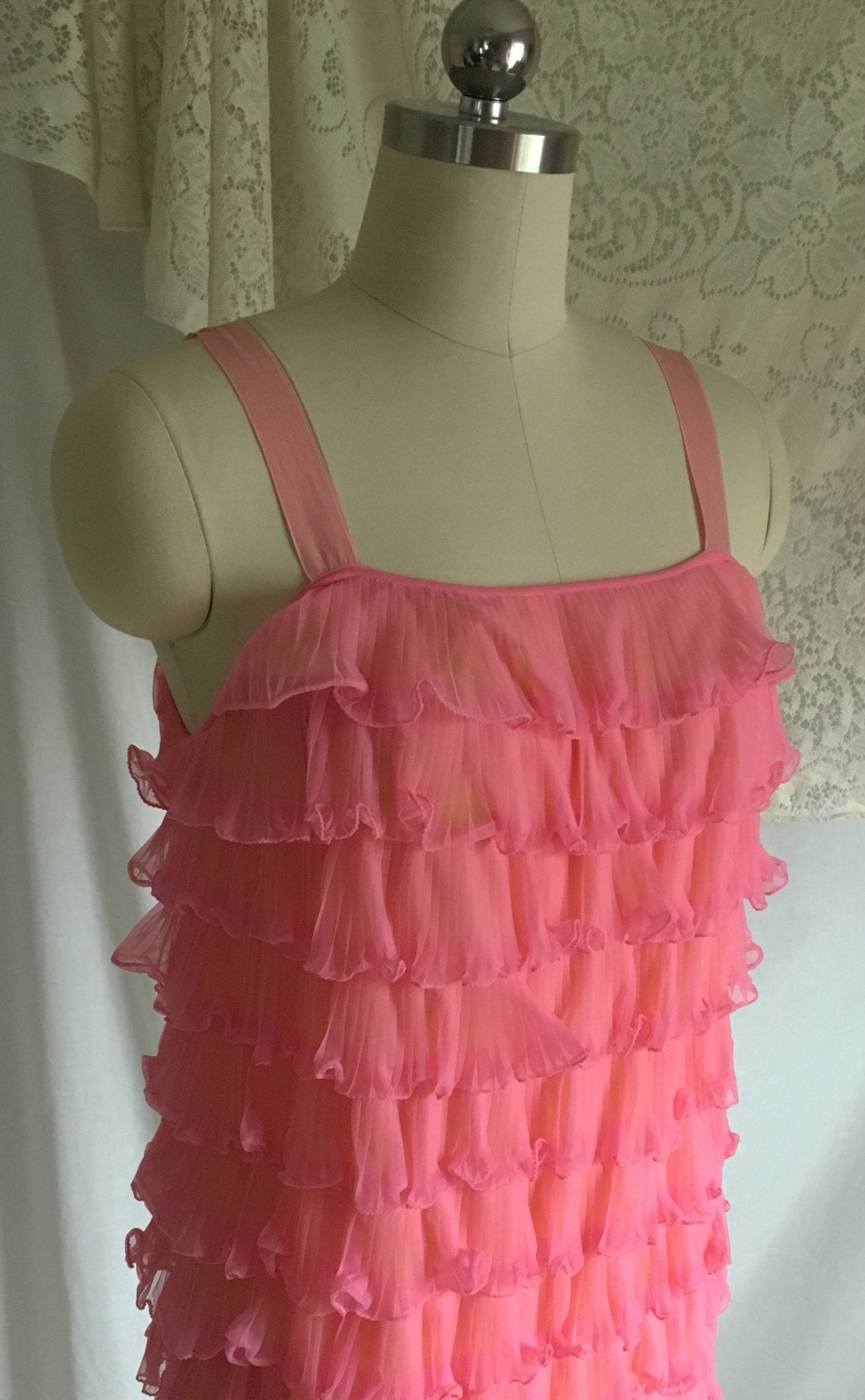 Vintage 1960's Peignoir Set | Pink Ruffled Chiffon over Yellow Nylon | Chevette | Size S, M - Daggers & Dames