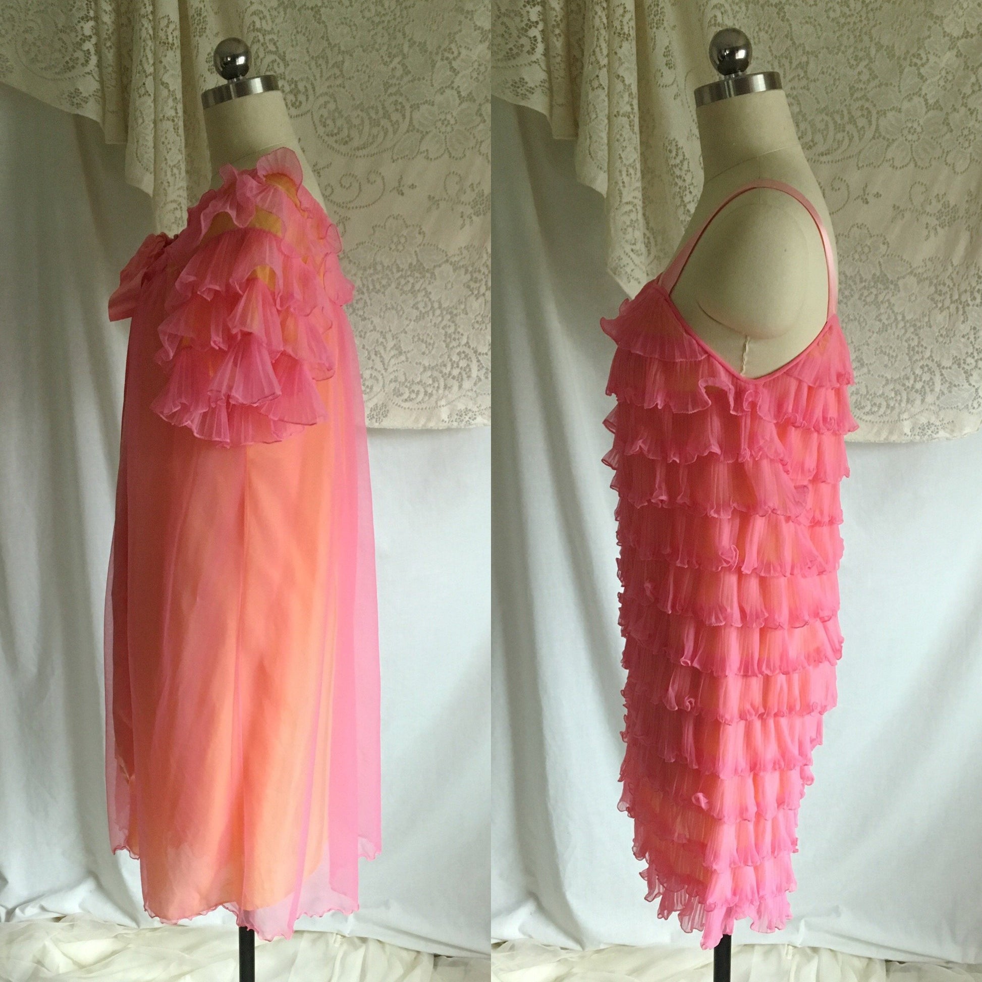 Vintage 1960's Peignoir Set | Pink Ruffled Chiffon over Yellow Nylon | Chevette | Size S, M - Daggers & Dames