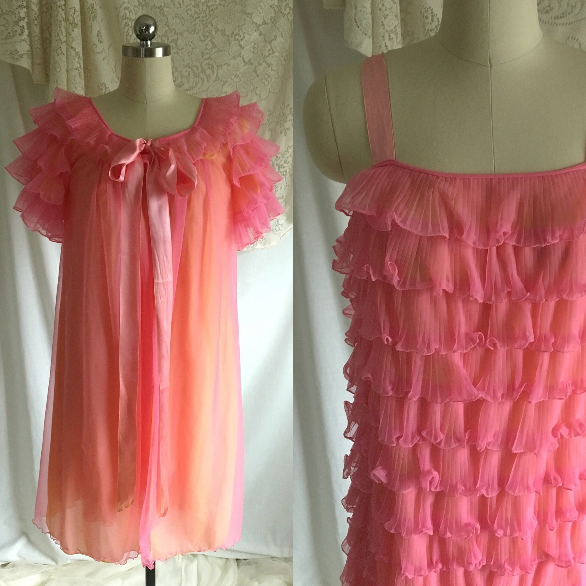 Vintage 1960's Peignoir Set | Pink Ruffled Chiffon over Yellow Nylon | Chevette | Size S, M - Daggers & Dames